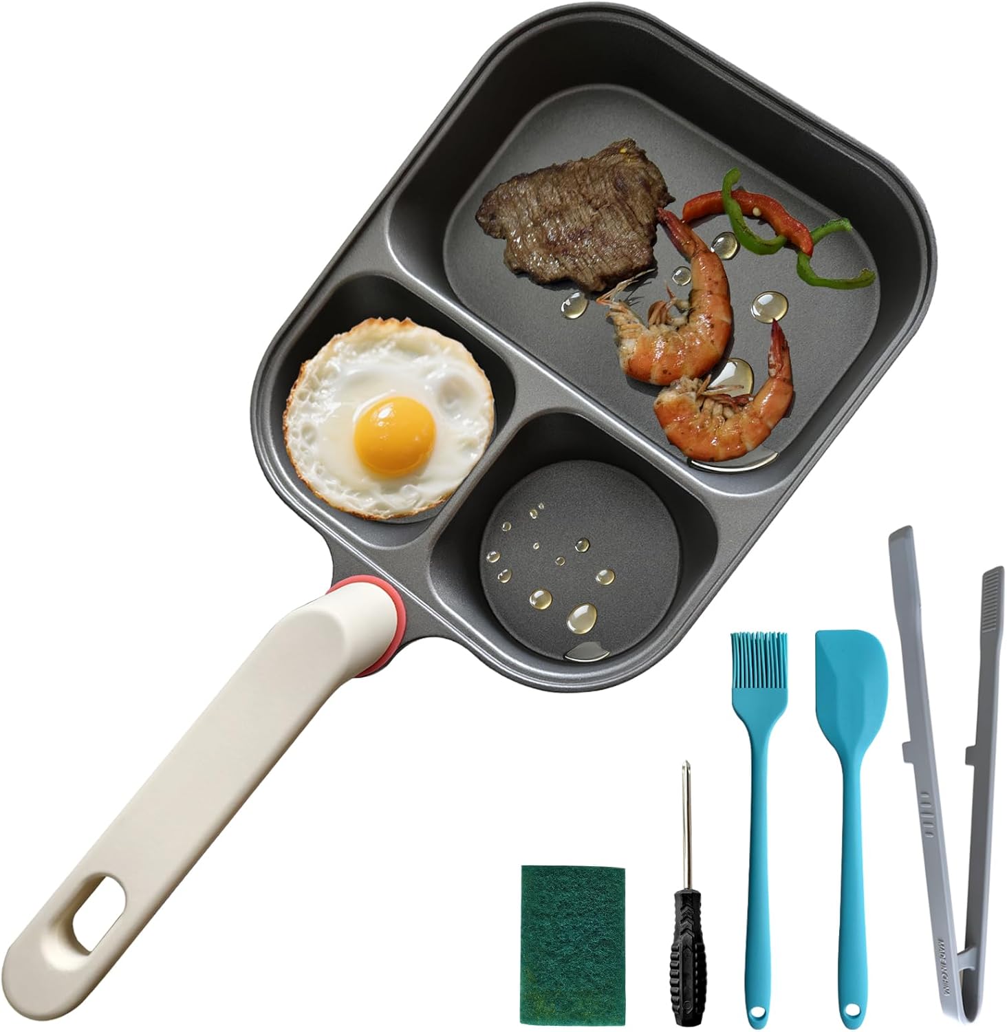 Nonstick Divided Egg Pan, 3-In-1 Breakfast Skillet with 2 Round & 1 Square Compartments, Induction & United States