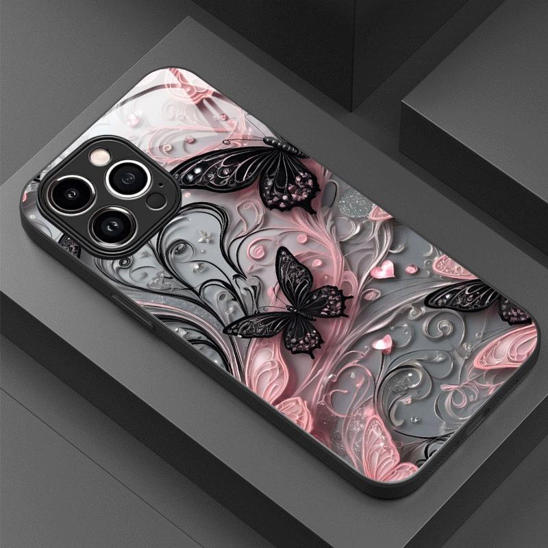 

Luxury Fashion Butterfly Pattern Glass Material Phone Case For iPhone 17 16 15 14 Pro Max 13 12 11 16E 17Air 7 8 Plus XS X Cover iPhone 12 Pro Max