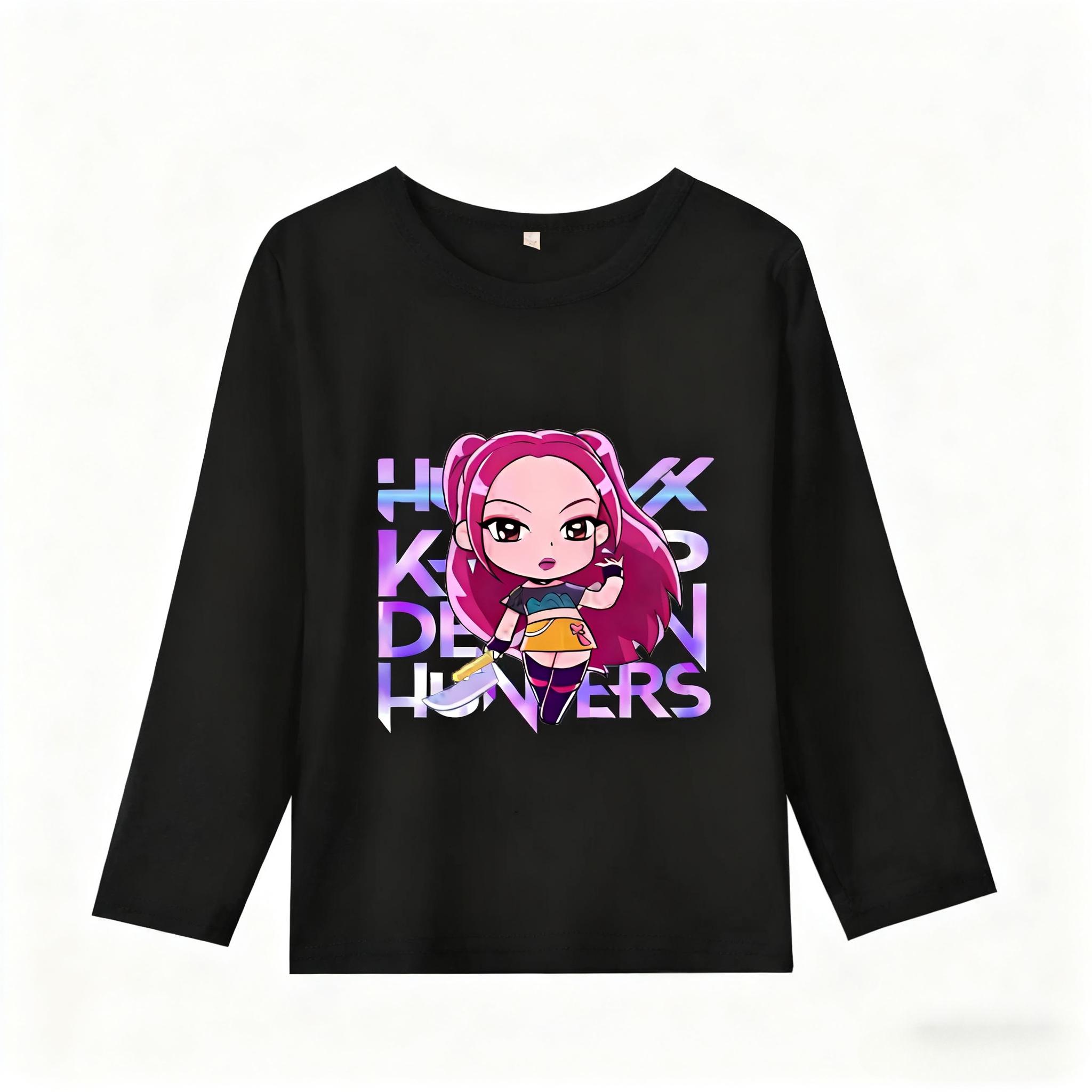 

K-Pop Истребители Демонов Футболки с длинным рукавом для девочек Кавайные мультяшные топы с принтом Детские повседневные футболки Осенняя детская одежда 130