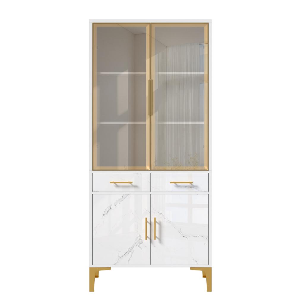 Armadio Alto, Vetrina, Credenza, Mobile da Sala da Pranzo, Vetrina Alta con Ante in Vetro LED APP Effetto Marmo Lucido 2 Cassetti Piedi in Metallo