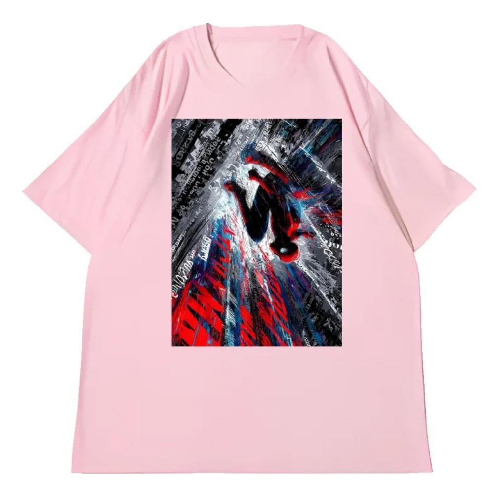 T-shirt Oversize a Maniche Corte Grigio Chiaro Lavato Vintage con Raffigurazione di Spider-Man: Across the Spider-Verse Miles Morales che cade attraverso la città Dinamico