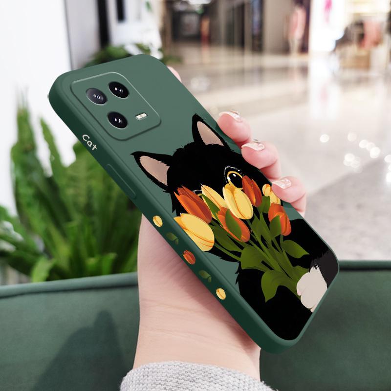 

Tulip Cute Cat Phone Case For Xiaomi 17 15 15T 14 14T 13 13T 12 12X 12T 12S Mi 11 11T 10 10T Pro Max Lite Liquid Silicone Cover Xiaomi 15T Pro темно-зелений колір