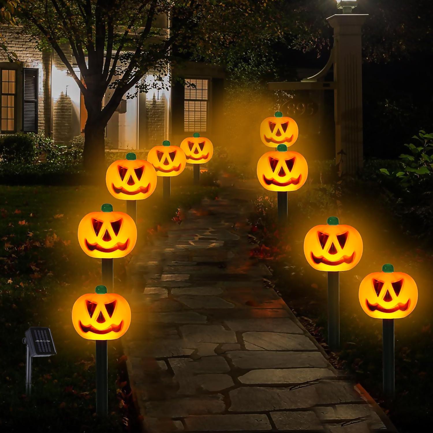 

9 светодиодных садовых светильников на солнечной батарее в виде тыквы на колышках, водонепроницаемая декоративная тыква, подходит для тематического декора на Хэллоуин