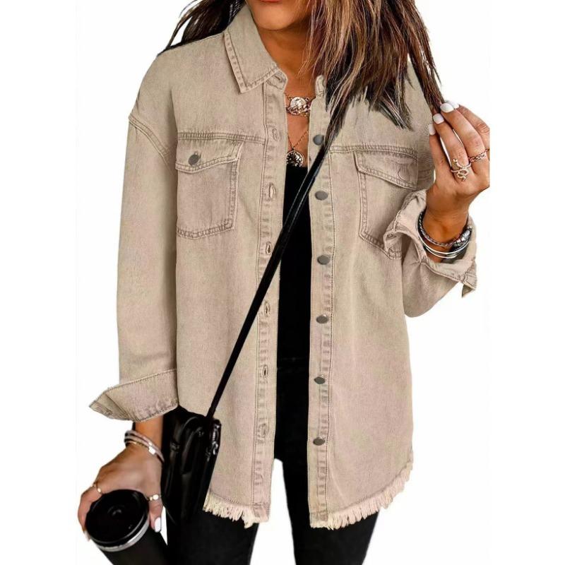 Frayed Edge Denim Loose Casual Long Sleeve Shirt Outerwear