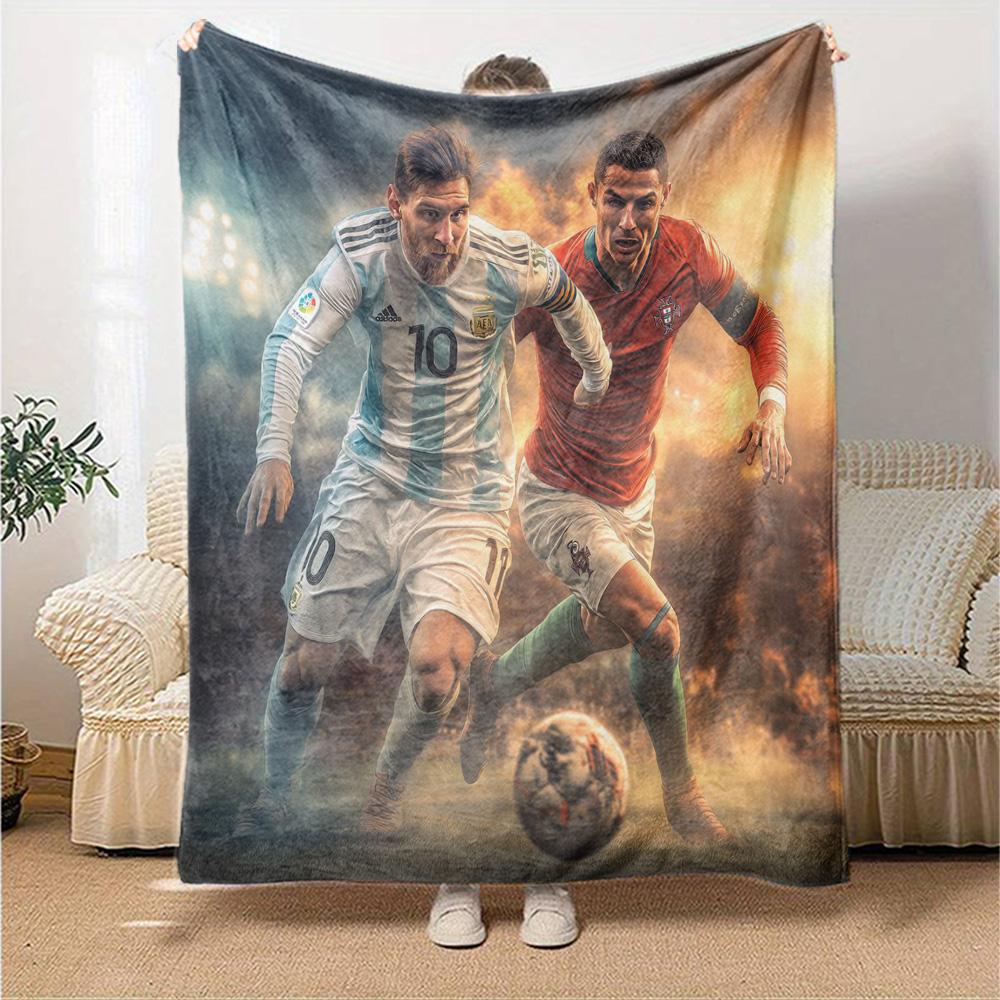 Messi Ronaldo Football Star Print Flannel Blanket Soft Warm Throw Blanket for Sofa Bedroom Home Decoration Fan Gift
