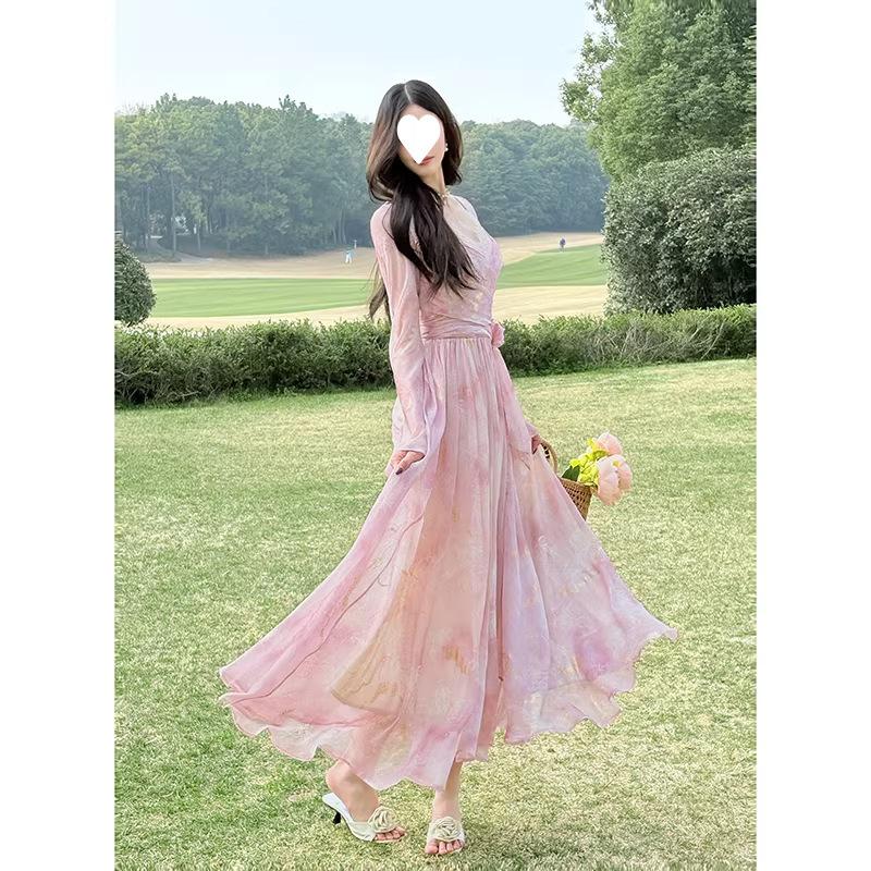 Fresh peach pollen temperament tea break dress lace dress French floral vacation pink spring and autumn dress