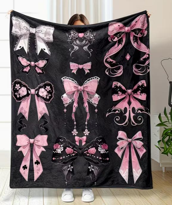 Versatile All-Season Flannel Throw Blanket with Decorative Bow Print Soft Machine Washable - Perfect for Bed, Sofa, Travel