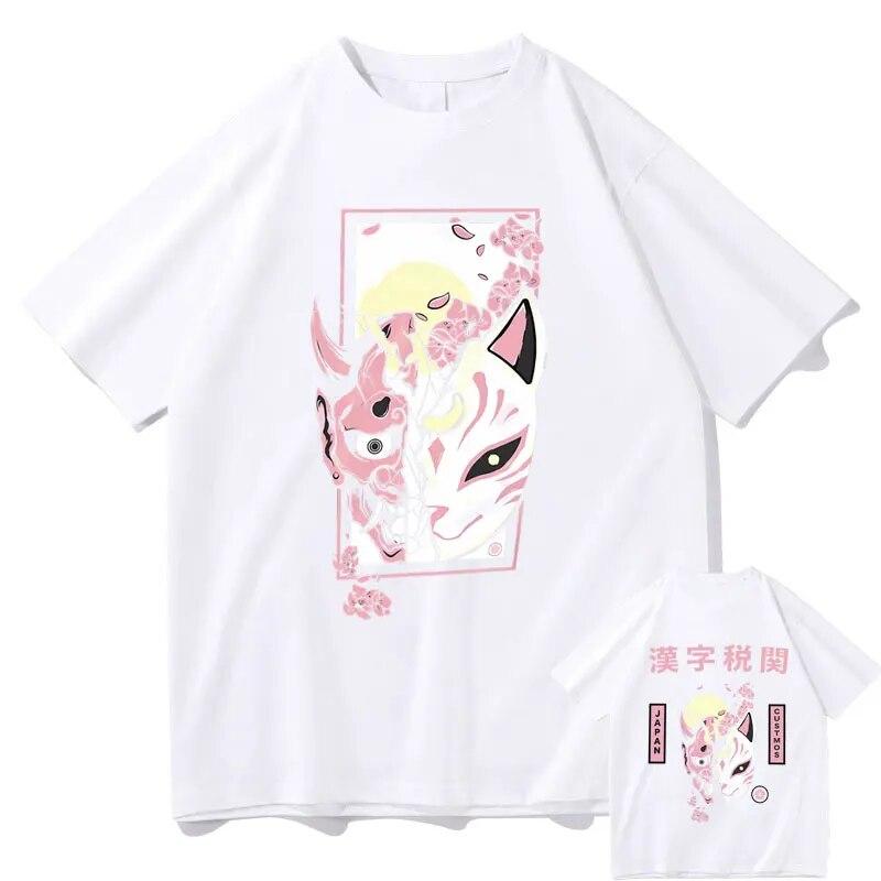 Hannya Mask T Shirts Futuristic Kitsune Mask Graphic T-shirt Japanese Anime Tees Kitsune Streetwear Fox Tshirt Unisex Manga Tops