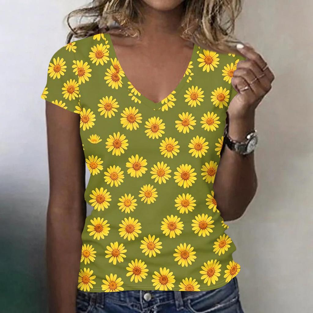 Women Casual V Neck Short Sleeve Floral Print T Shirt Lightweight Soft Fabric Summer Top for Everyday Wear