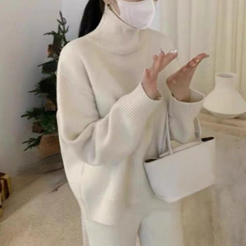 Suéter de Cuello Alto para Mujer Otoño Invierno Moda Coreana Holgado Top de Manga Larga Negro Color Sólido Simple Casual Pulóveres para Mujer