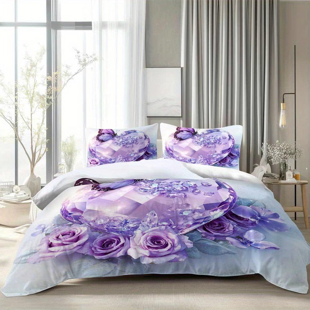 3pcs Purple Bedding Set Diamond Heart Rose Butterfly 3D Print Cozy Duvet Cover King Queen Twin Size Birthday Gift Bedroom Decor