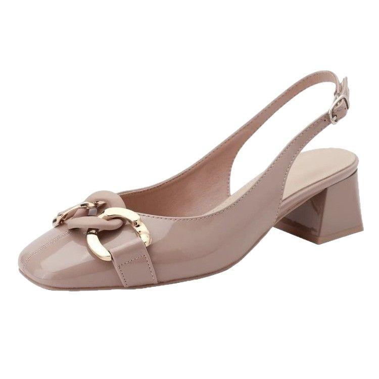 Temperament nude high heels fashion sandals 2025 new thick heel middle heel light mouth bright leather single shoes versatile