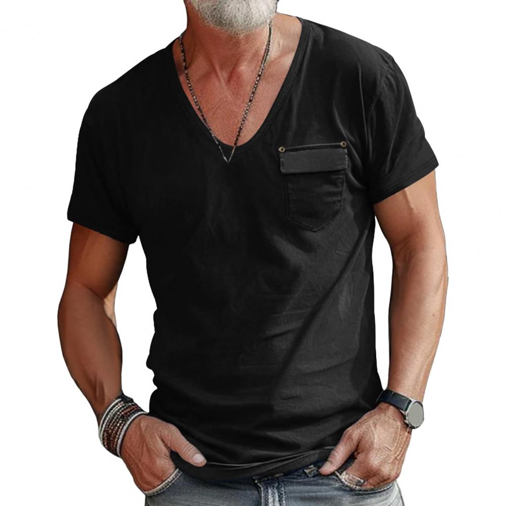 Men Summer T-shirt V Neck Short Sleeves Solid Color Stretchy Chest Pocket Thin Quick Dry Simple Style Casual Daily Wear Sport To