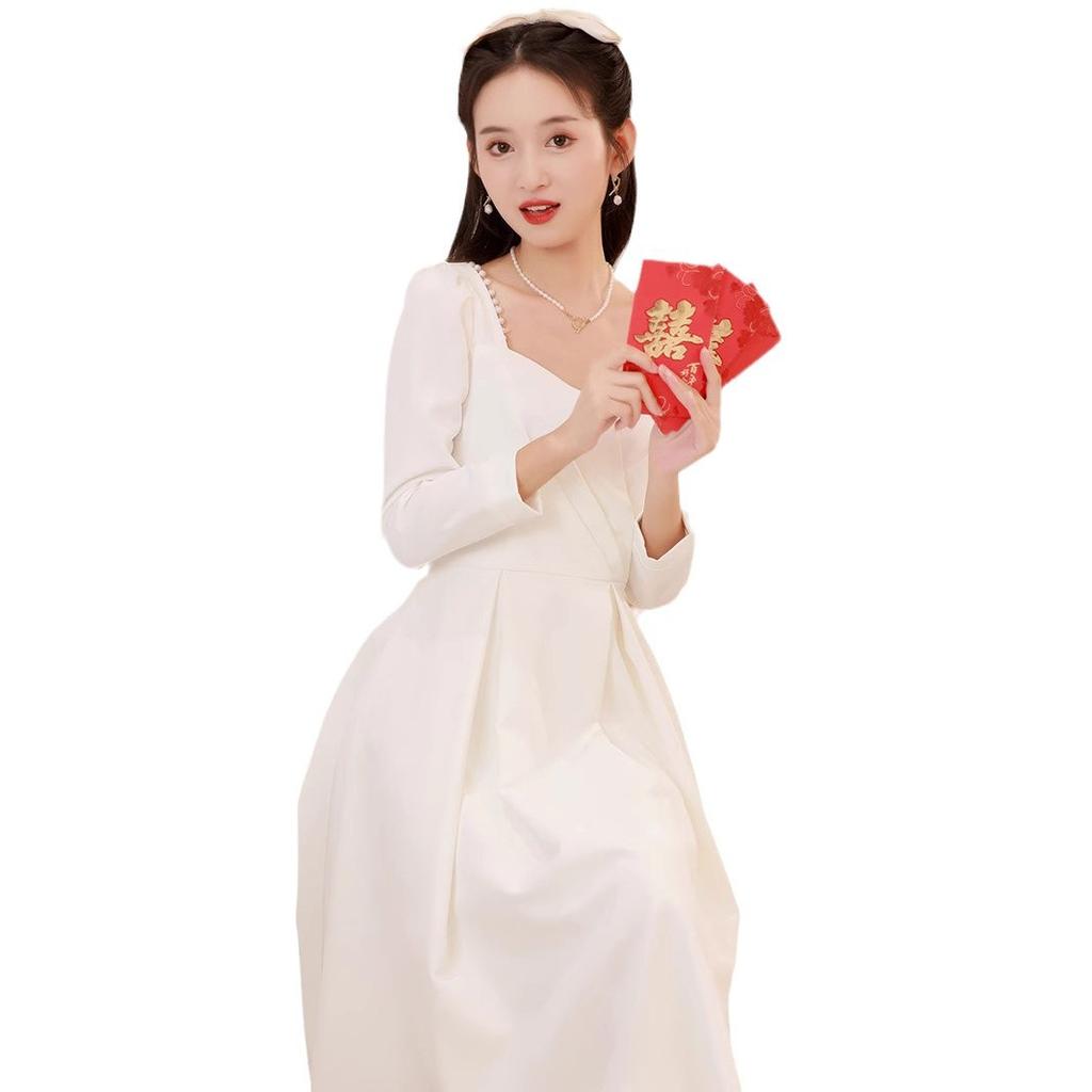 Autumn French White Evening Dress Can Usually Wear Engagement Certificate Light Wedding Dress Medium and Long Dress Women