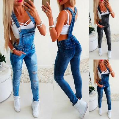 Womens Denim Overalls Jumpsuits and Rompers Skinny Slim Fit Jeans Long Jumpsuit Ripped Hole Pencil Pants Overalls