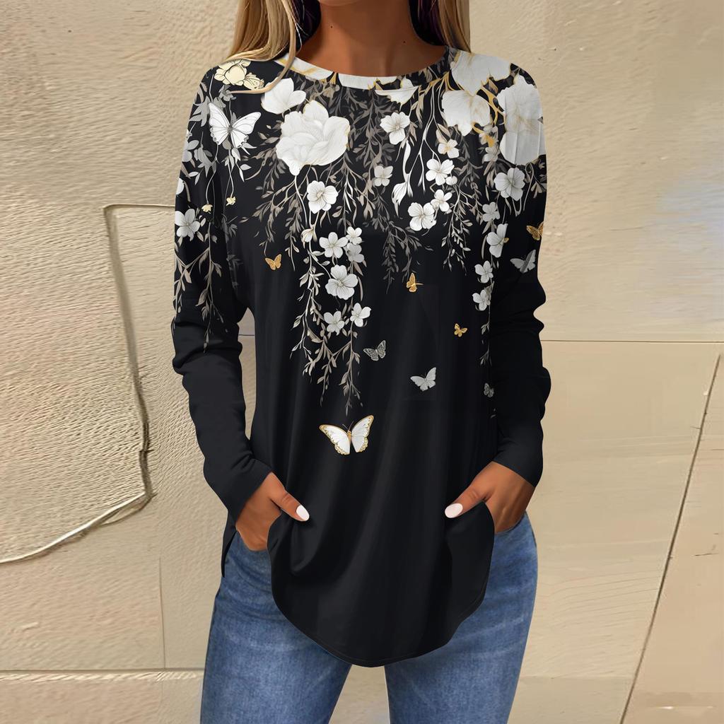 Damen T-Shirts Niedlich Vintage Musterdruck T-Shirt Langarm Tunika Oberteile Baumwolle Pullover