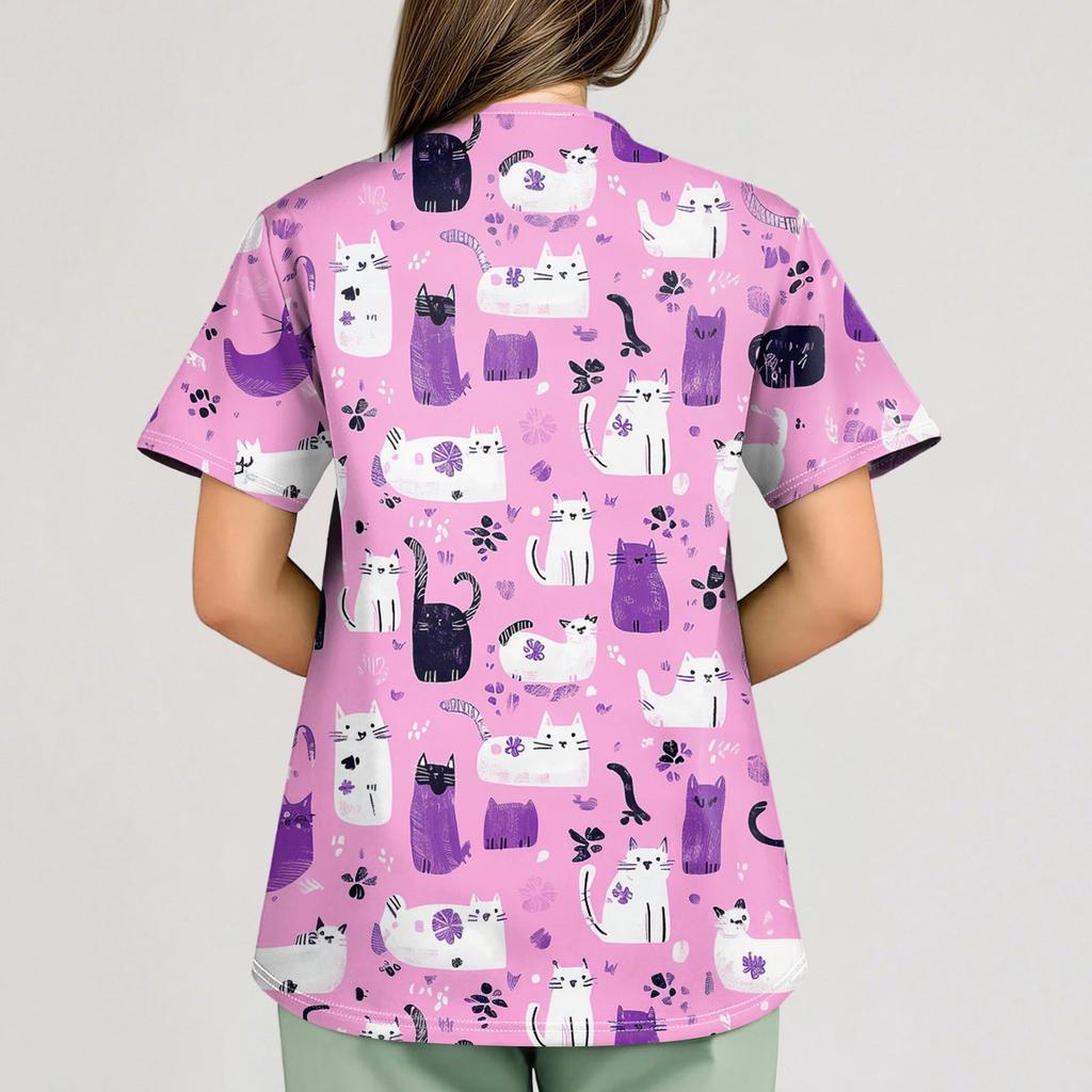 Women's Animal Print Loose V-Neck Pocket Short Sleeve  Uniform  Uniform