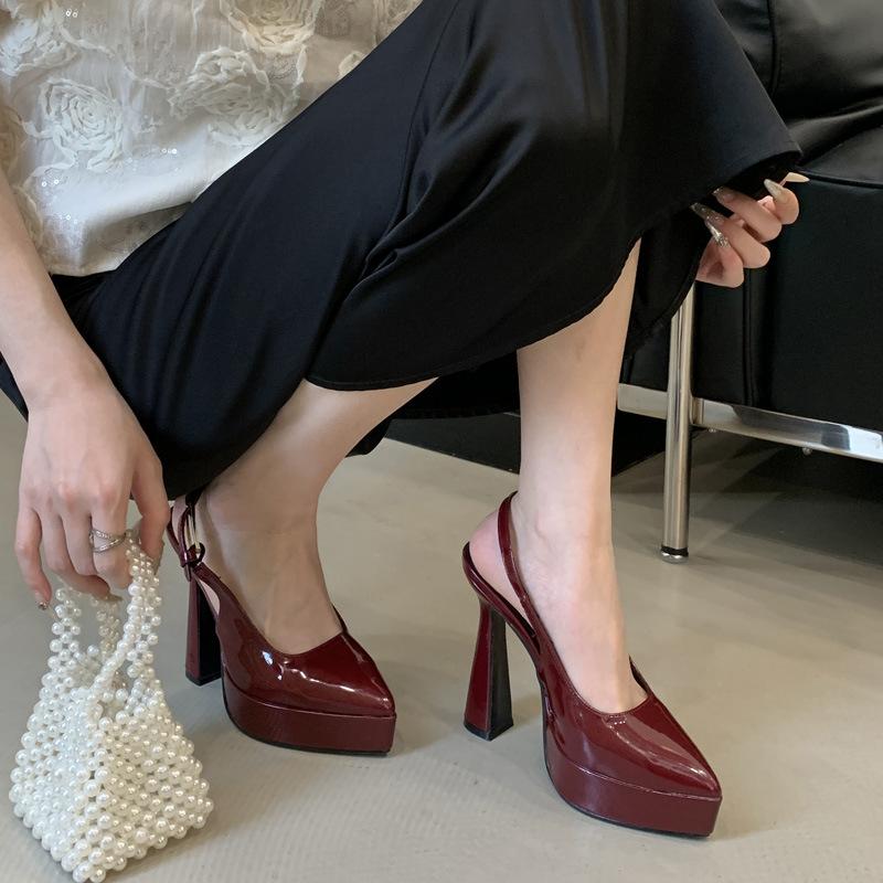 

Остроносые водонепроницаемые туфли, босоножки на ультравысоком каблуке, лакированная кожа, металлическая пряжка, толстый каблук, одинарные туфли-лодочки с мелким вырезом, женские 41 бордовый