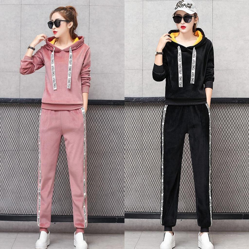 Completo di Velluto Dorato Moda Donna Autunno e Inverno Abbigliamento Sportivo Maglione Spesso con Velluto Interno Completo Due Pezzi Casual Donna