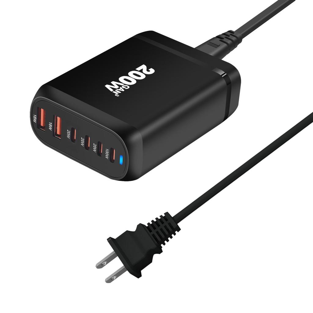 200W Gallium Nitride Multifunctional Desktop Charger with 3A3C Ports - Universal Fast PD Charging Adapter