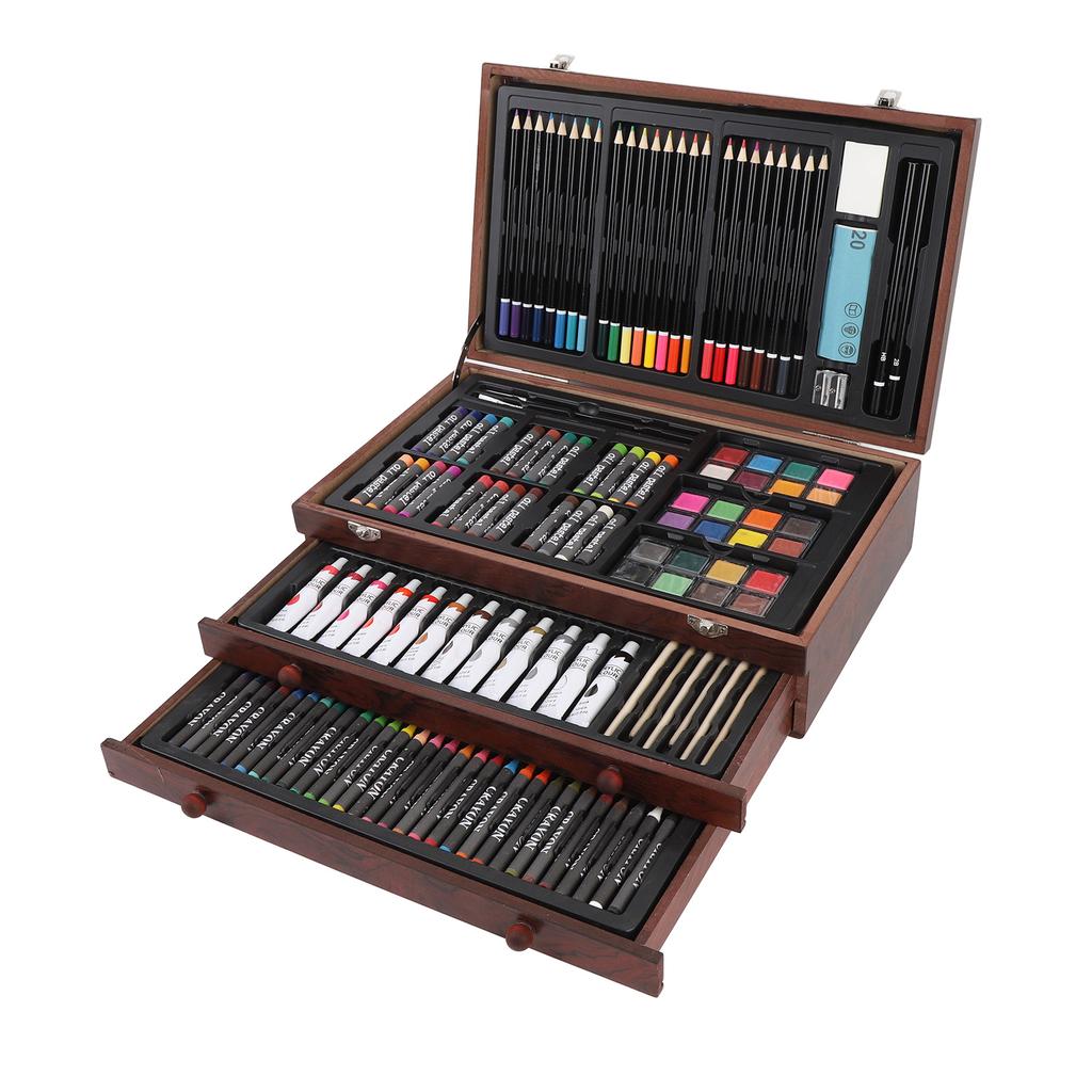 142PCS Set Wooden Art Set 24PCS Colored Pencils 24PCS Oil Pastels 60PCS Crayons Watercolor Paints