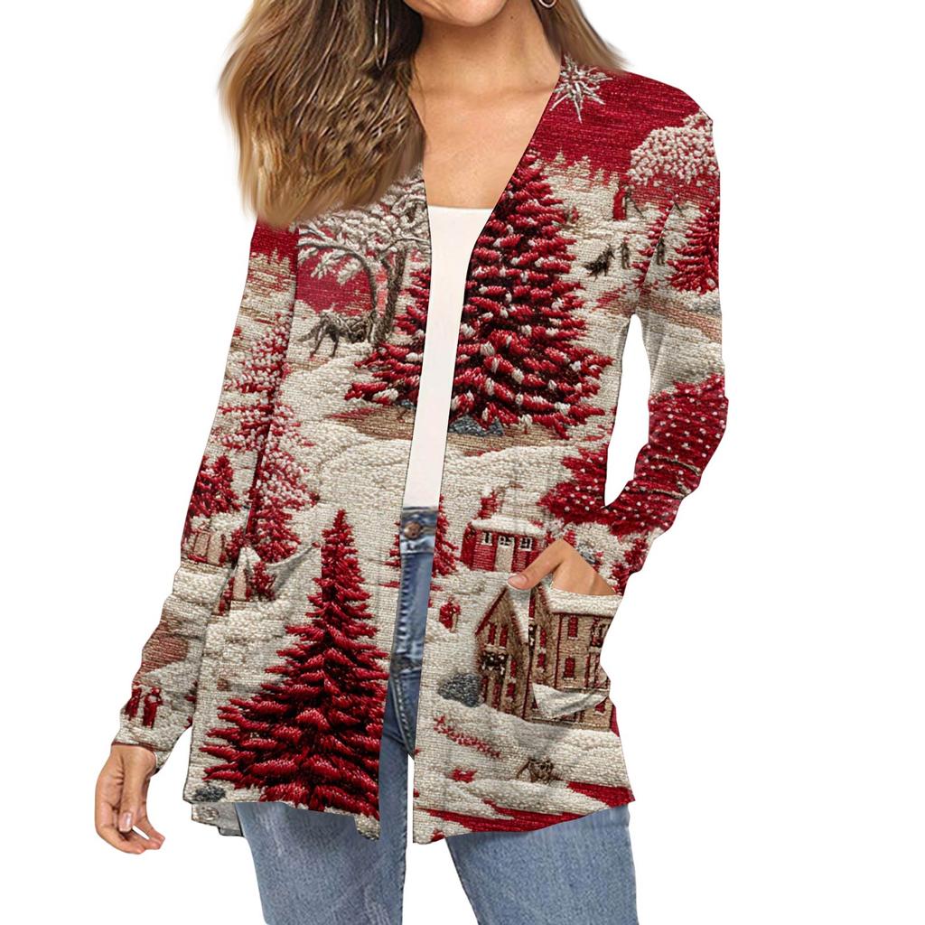 Dámský módní vánoční potisk dlouhý rukáv kapsy slim fit kardigan kabát