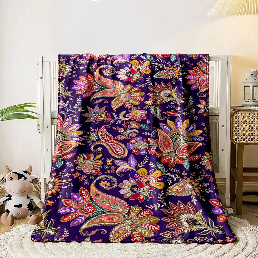 

Colorful paisley and floral patterns densely arranged on a purple background. for all seasons blanket lunch break throw gift 80cm x 120cm