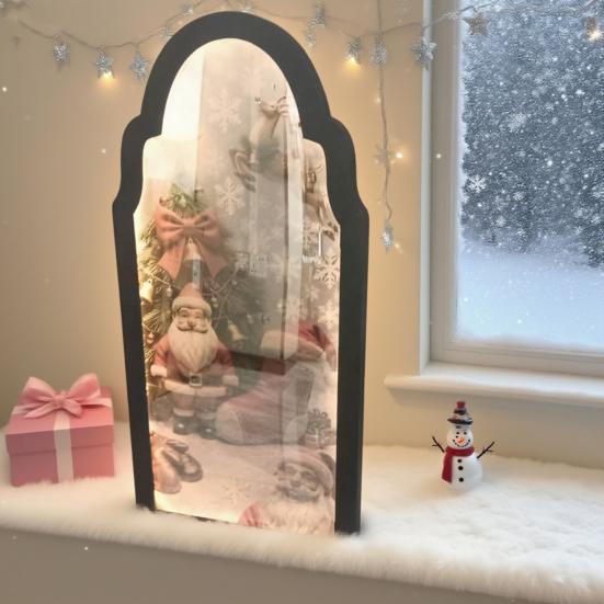 Christmas Mirror Hologram Santa Xmas Tree Scene Mirror with LED Light for Holiday Indoor Bedroom Kitchen Decor