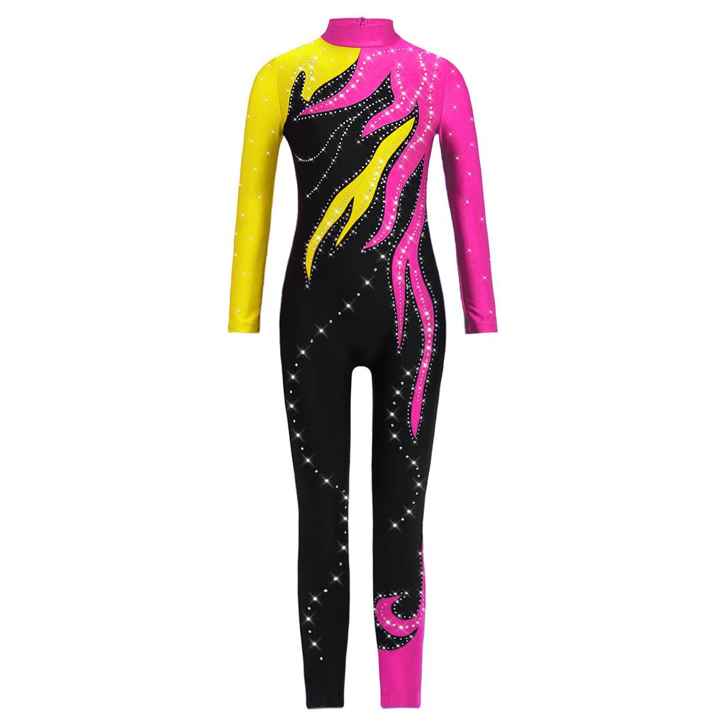 Salopetă de gimnastică pentru fete, cu blocuri de culoare, gât fals, mâneci lungi, body cu strasuri strălucitoare, leotard pentru tot corpul