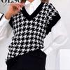 Early Autumn Korean Version New Loose Bird Checker V-Neck Sleeveless Vest Knit Tank Top Pullover Sweater Women's Wear