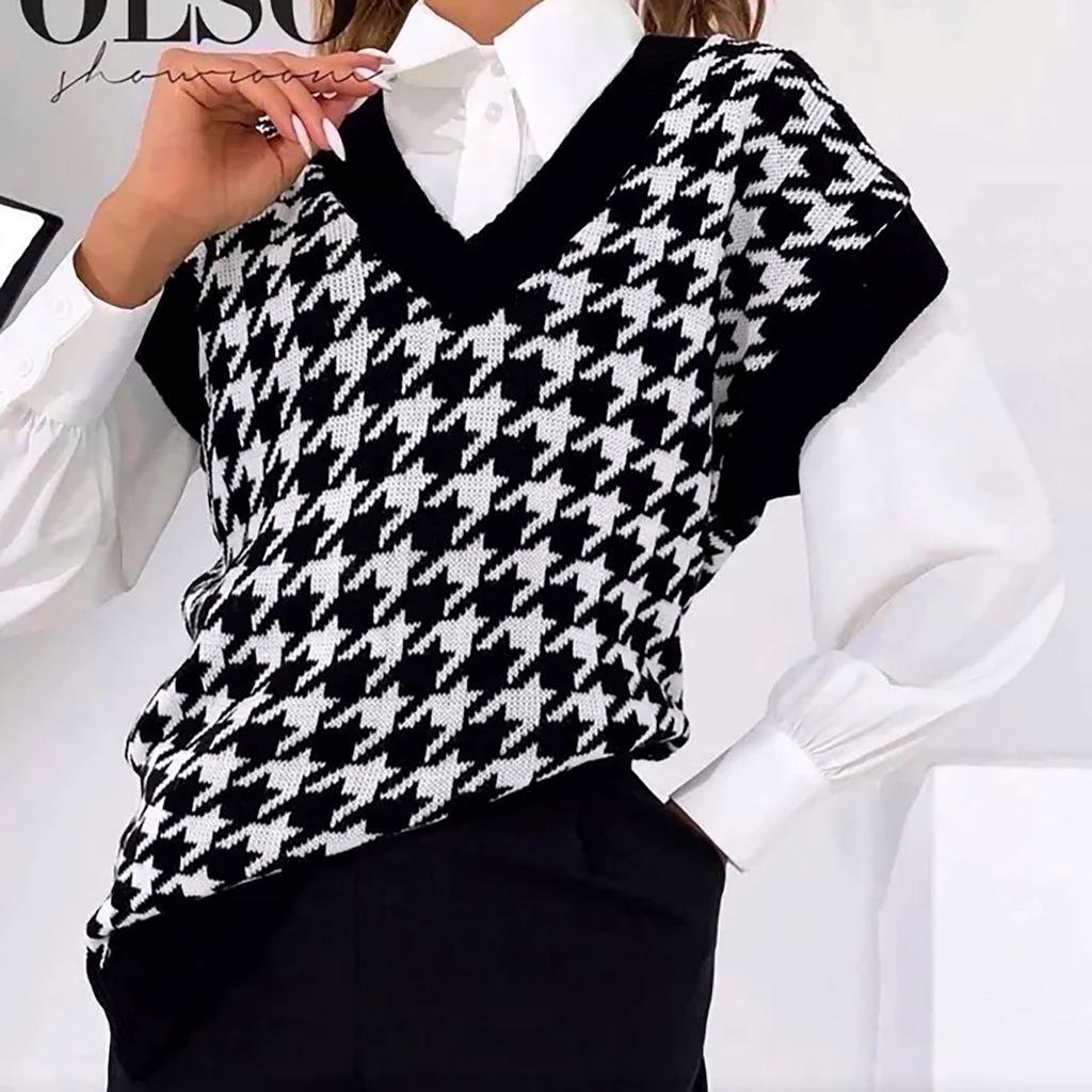 Early Autumn Korean Version New Loose Bird Checker V-Neck Sleeveless Vest Knit Tank Top Pullover Sweater Women's Wear