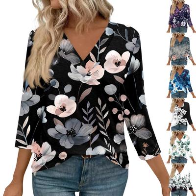 חולצות שרוול 3/4 לנשים, חולצות עם הדפס צווארון וי, חולצות קז'ואל, טי שירטים בסיסיים, חולצה, חולצות רפויות