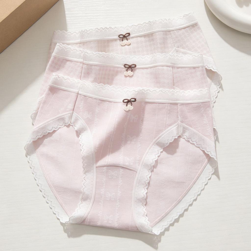 Girls Spring and Summer Cream Lattice Bubble Stripe Sweet No Trace Antibacterial Crotch Waist Triangle Briefs