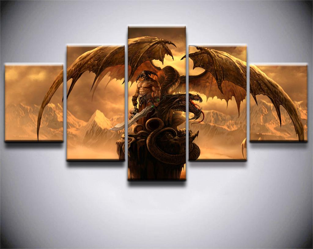 Gerahmt 5 Stück Drachen Fantasy Schwert Krieger Spiel Film Modern Leinwand Poster Wandkunst Bilder HD Gemälde Zimmer Heimdekoration