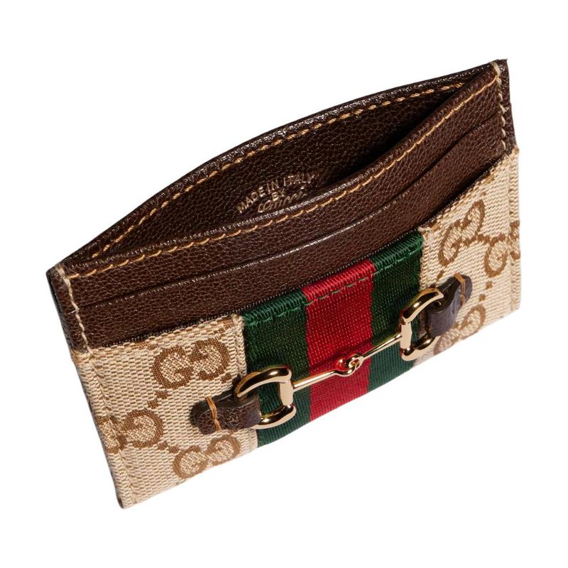 Gucci Horsebit Gold Tone Hardware Elegant and Stylish Canvas Card Holder Women's Sand and Brown