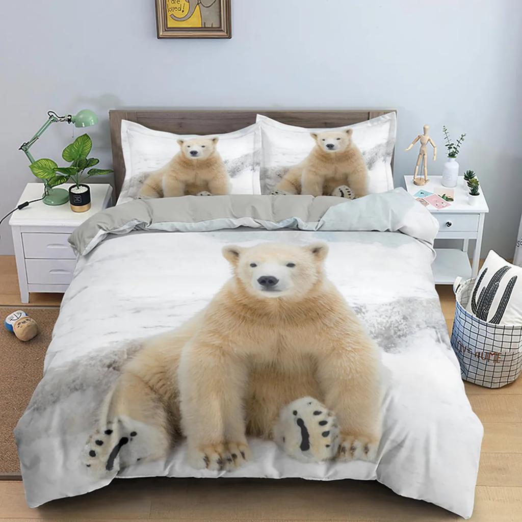 Polar Bear Duvet Cover 3D Lovely White Arctic Animals Kids Teens Women Wildlife Arctic Scenery Theme Quilt Cover Room Decoration