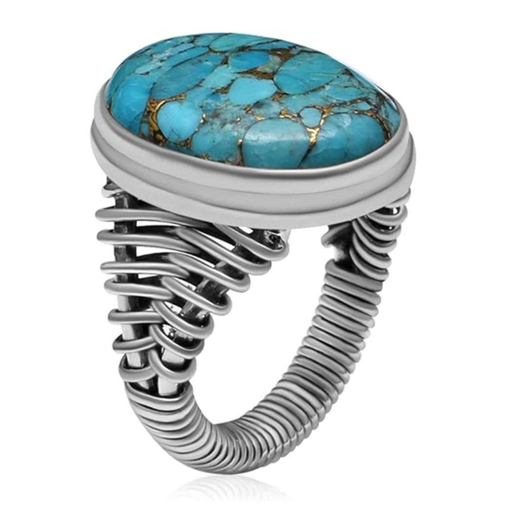 Copper Turquoise Gemstone 925 Sterling Silver Split Shank Wired Wrapped Rings Jewelry For Women HR-180