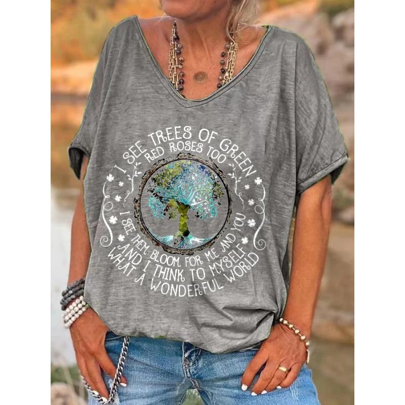 Ilstile Damen V-Ausschnitt Hippie What A Wonderful World Aufdruck T-Shirt Sommer Kurzarm Damenbekleidung Oberteile Freizeit-T-Shirts