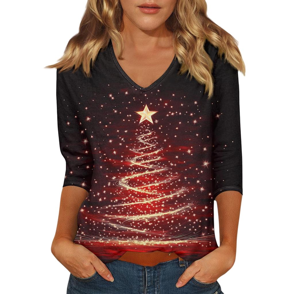 Women's Casual Fashionable Sexy Comfortable V-Neck Christmas Three-Quarter Sleeve Top