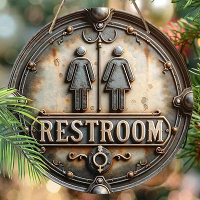 שלטי עץ תלויים דקורטיביים, קישוטי אמבטיה, תליונים שטוחים דו-ממדיים, הדוגמה היא הלוגו "RESTROOM", מתנת חנוכת בית לחברים