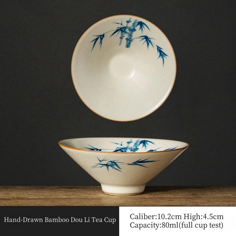 

80ML Traditional Beige Ru kiln Pure Hand-Drawn Bamboo Hat Tea Cup High-end Personal Exclusive Master Cup Ceramic Kung Fu Tea Set 200ml