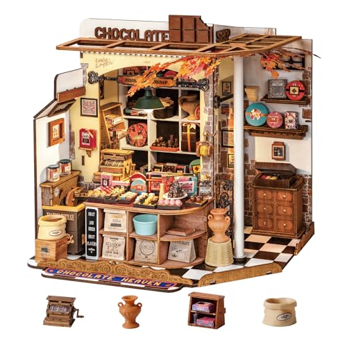 Rolife Miniature House Kit, DIY Dollhouse LED 3D Puzzle, Chocolate Shop, Handmade Kit, Doll House Assembly, Wooden Puzzle, Illustrated Instructions In