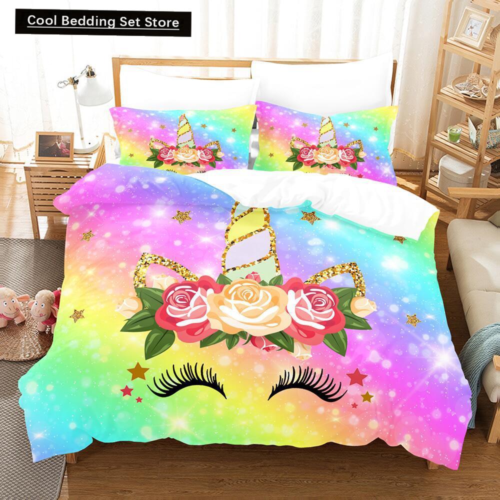 Cartoon Rainbow Unicorn Bedding Sets 135x200 Duvet Cover Set Pillowcases Queen Single Double Twin Size Bed Linen for Kids Girls