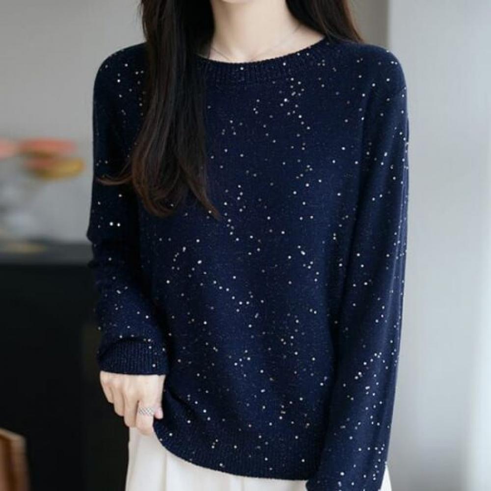 Navava Women Vintage Pearl Round Neck Long Sleeve Knit Top Nk3247