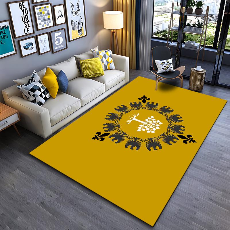 Tree and Crest Design on Gold Rug - Non-slip rug suitable for living room and bedroom sofas.