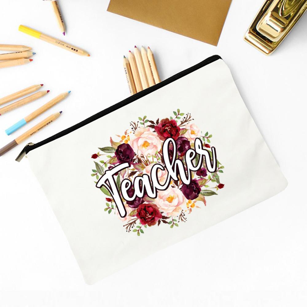 Teacher Flower Print Pencil Case Travel Makeup Bag School Stationery Supplies Storage Bags Wash Pouch Cosmetic Bags Teacher Gift
