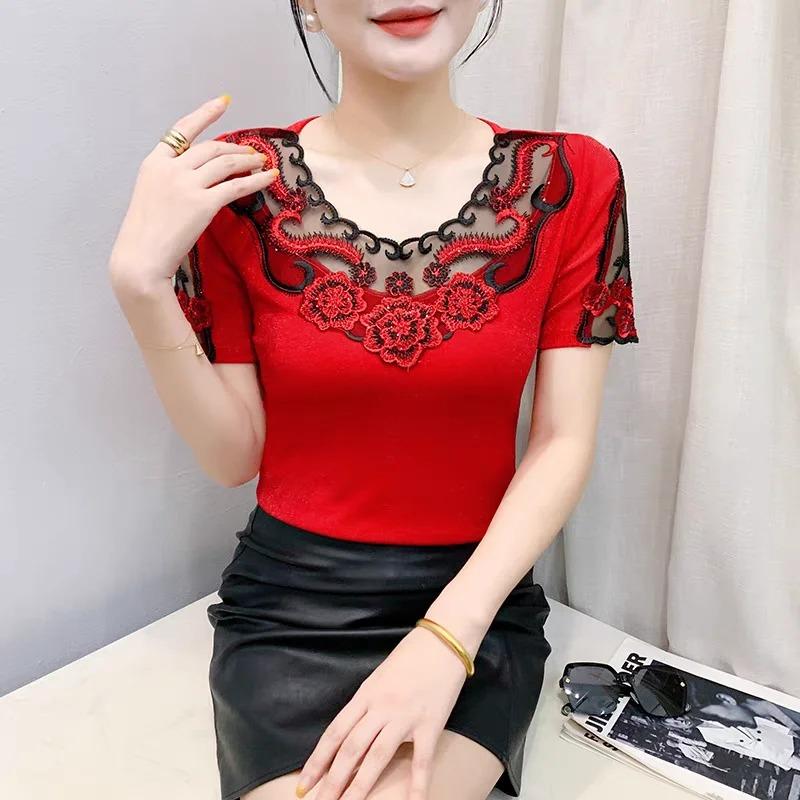 Summer Lace Hot Diamonds Embroidery Flower Designer T-Shirt Elastic Sexy O-Neck Slim Mesh Tops Chic Women's Short Sleeved Vintage Tees Blouse