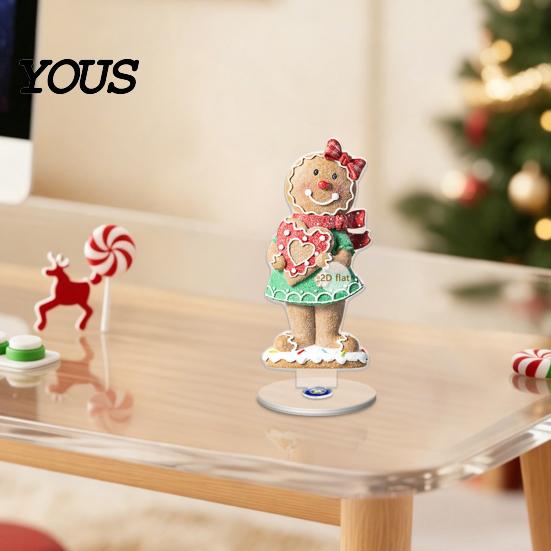 Desktop Ornament for Christmas Xmas Acrylic Ornament, 2D Flat Tree Gingerbread Man with Decorative Holiday Rotatable Base, Table Centerpiece