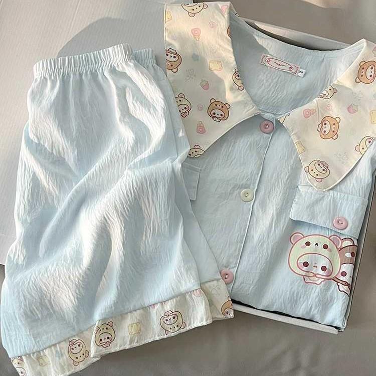 

Sweet cartoon easy bear pajamas women s summer thin short-sleeved shorts two-piece set can be worn outside homewear set S