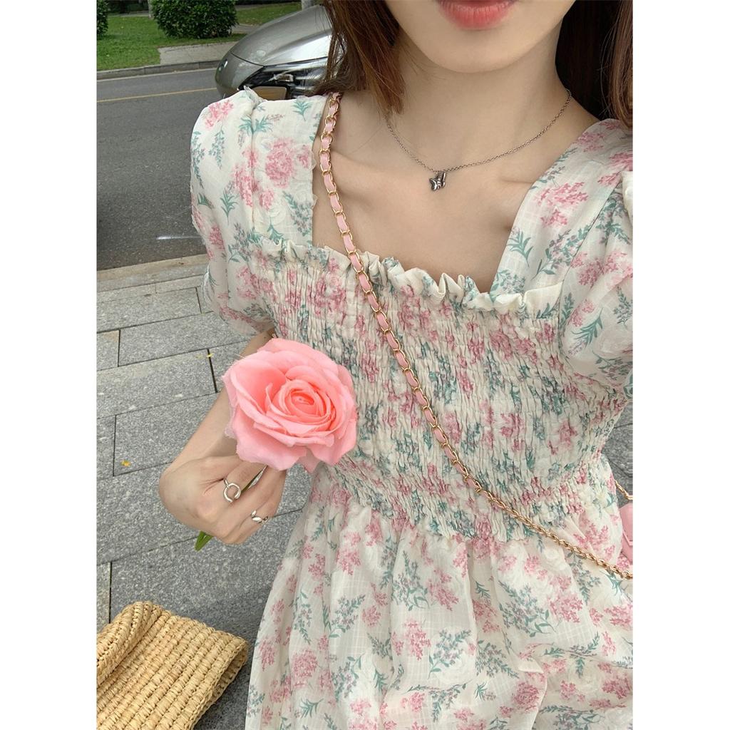 Floral square neck dress women's summer new sweet waist and thin medium and long super fairy first love skirt